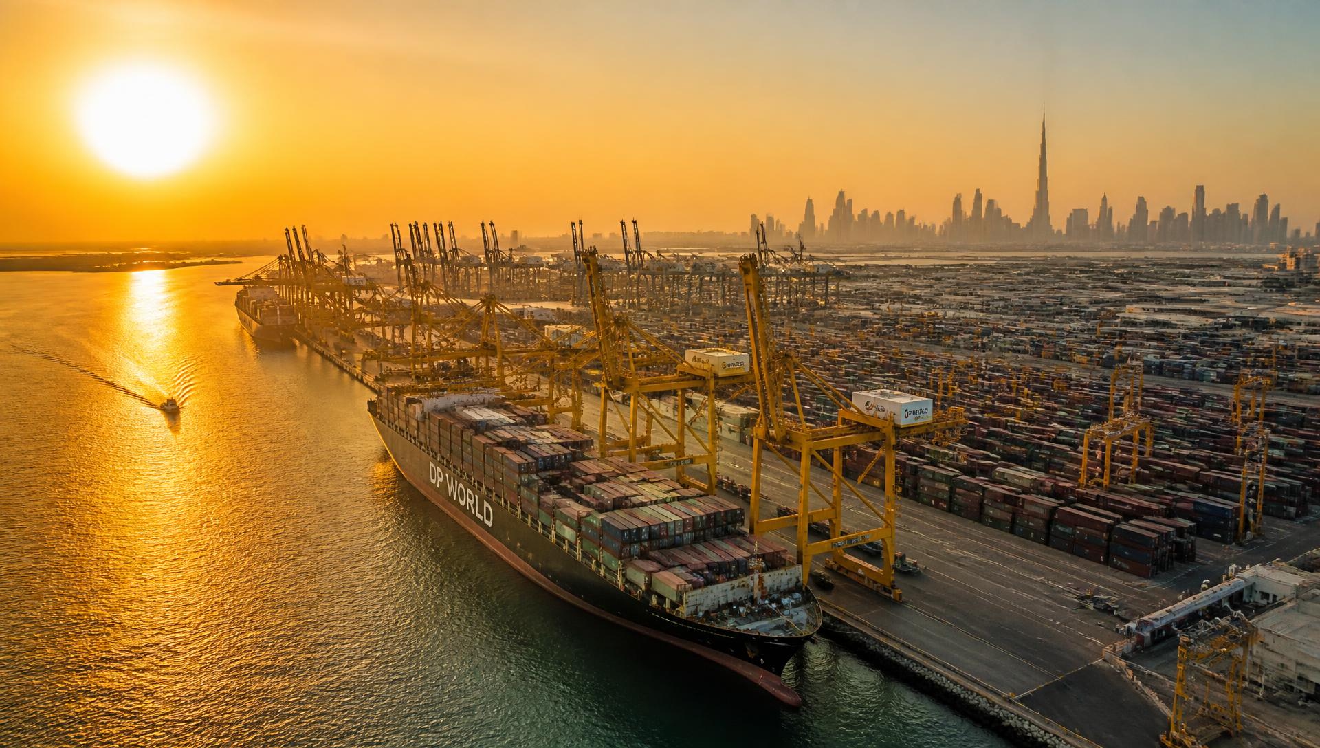 Dubai shipping terminal at golden hour